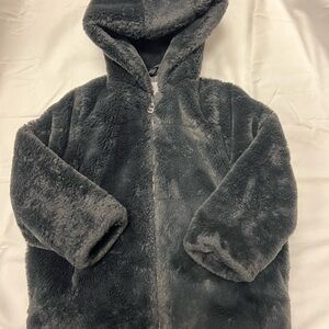 Zara kids grey Hooded faux fur padded Jacket front pockets size 6 zippered front